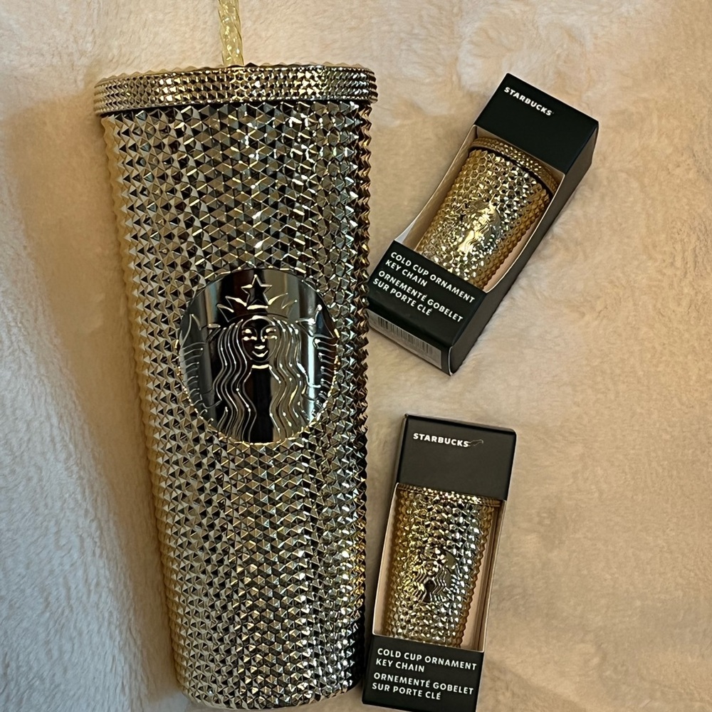 Gold Starbucks Cup Tumbler With 2 Key Chain Christmas Ornaments 2022